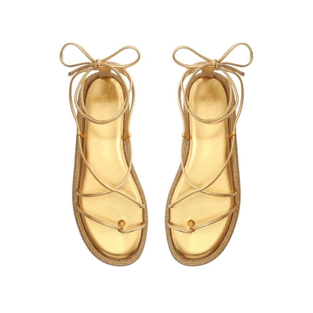 SCHUTZ Kittie Crystal Embellished Metallic & Nappa Leather Wraparound Flat Sanda